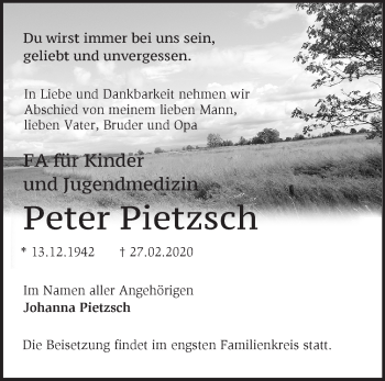 Traueranzeige von Peter Pietzsch von Märkische Oderzeitung