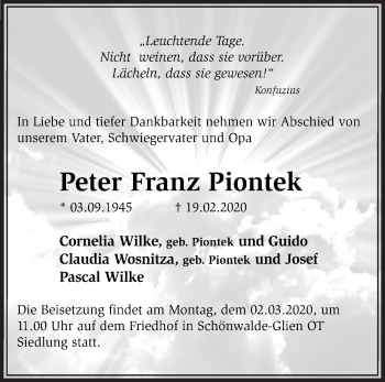 Traueranzeige von Peter Franz Piontek von Märkische Oderzeitung