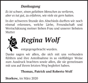 Traueranzeige von Regina Wolf von Märkische Oderzeitung