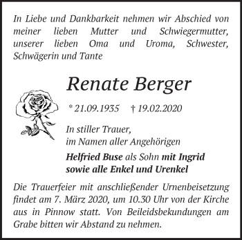 Traueranzeige von Renate Berger von Märkische Oderzeitung