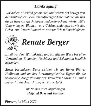 Traueranzeige von Renate Berger von Märkische Oderzeitung