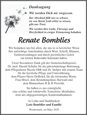 Traueranzeige von Renate Bomblies von Märkische Oderzeitung