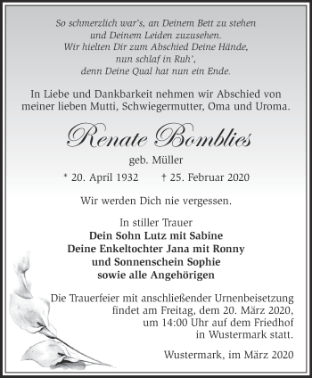Traueranzeige von Renate Bomblies von Märkische Oderzeitung