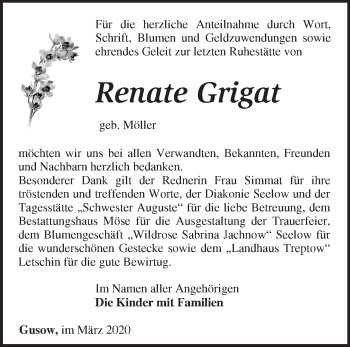 Traueranzeige von Renate Grigat von Märkische Oderzeitung