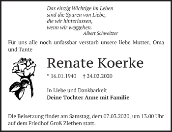 Traueranzeige von Renate Koerke von Märkische Oderzeitung