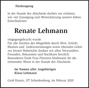 Traueranzeige von Renate Lehmann von Märkische Oderzeitung