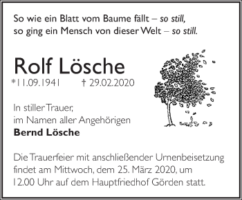 Traueranzeige von Rolf Lösche von Märkische Oderzeitung