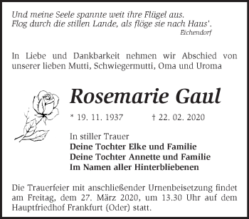 Traueranzeige von Rosemarie Gaul von Märkische Oderzeitung