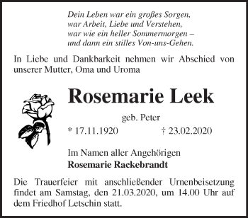 Traueranzeige von Rosemarie Leek von Märkische Oderzeitung