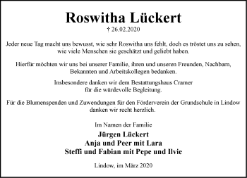 Traueranzeige von Roswitha Lückert von Märkische Oderzeitung