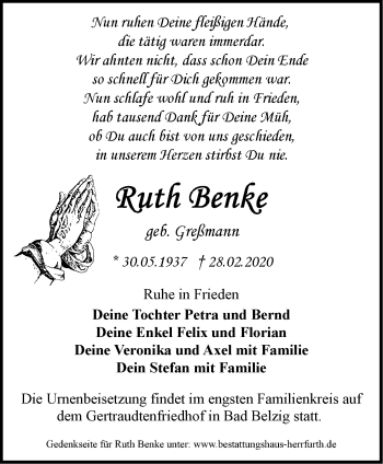Traueranzeige von Ruth Benke von Märkische Oderzeitung