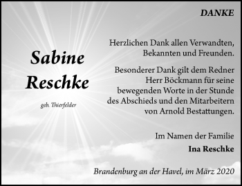 Traueranzeige von Sabine Reschke von Märkische Oderzeitung