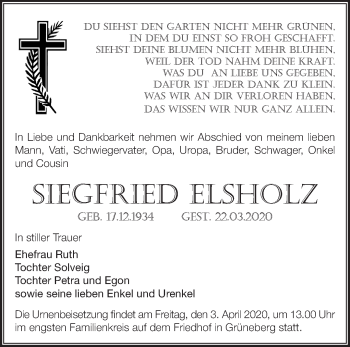 Traueranzeige von Siegfried Elsholz von Märkische Oderzeitung