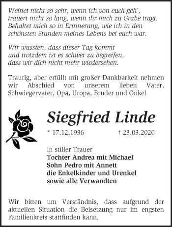 Traueranzeige von Siegfried Linde von Märkische Oderzeitung