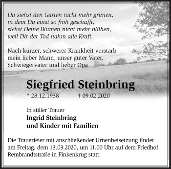 Traueranzeige von Siegfried Steinbring von Märkische Oderzeitung