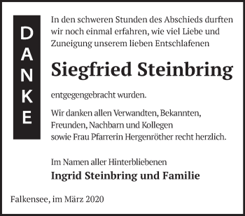 Traueranzeige von Siegfried Steinbring von Märkische Oderzeitung