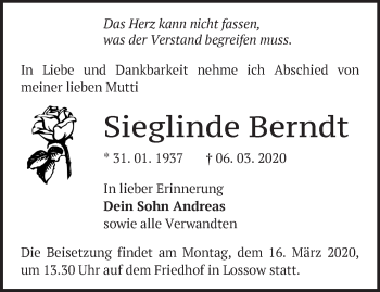 Traueranzeige von Sieglinde Berndt von Märkische Oderzeitung