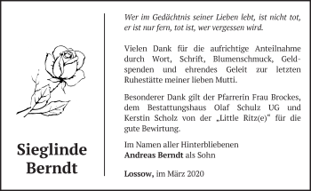 Traueranzeige von Sieglinde Berndt von Märkische Oderzeitung