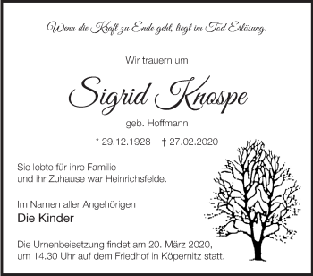 Traueranzeige von Sigrid Knospe von Märkische Oderzeitung