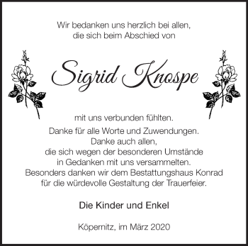 Traueranzeige von Sigrid Knospe von Märkische Oderzeitung