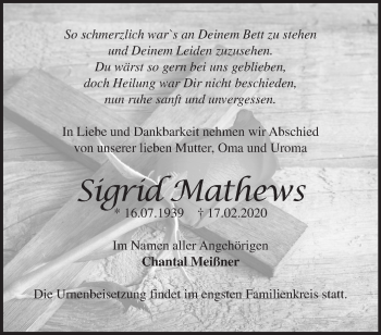 Traueranzeige von Sigrid Mathews von Märkische Oderzeitung