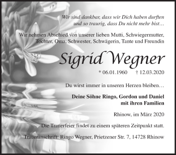 Traueranzeige von Sigrid Wegner von Märkische Oderzeitung