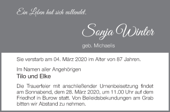 Traueranzeige von Sonja Winter von Märkische Oderzeitung