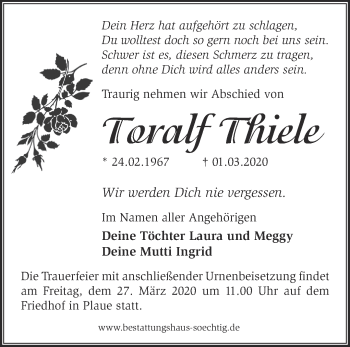 Traueranzeige von Toralf Thiele von Märkische Oderzeitung