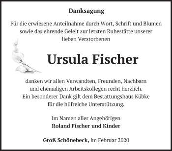 Traueranzeige von Ursula Fischer von Märkische Oderzeitung