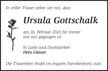 Traueranzeige von Ursula Gottschalk von Märkische Oderzeitung