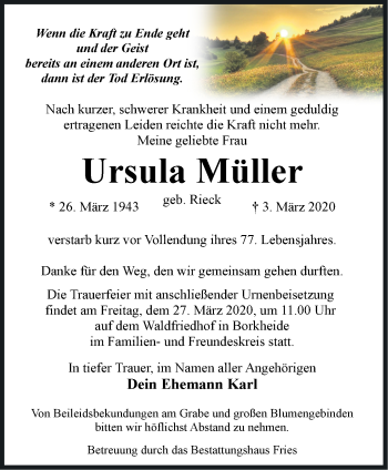 Traueranzeige von Ursula Müller von Märkische Oderzeitung