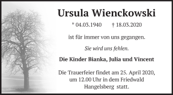 Traueranzeige von Ursula Wienckowski von Märkische Oderzeitung