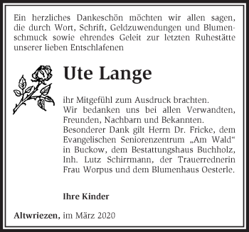 Traueranzeige von Ute Lange von Märkische Oderzeitung