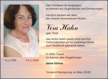 Traueranzeige von Vera Hahn von Märkische Oderzeitung