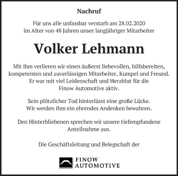 Traueranzeige von Volker Lehmann von Märkische Oderzeitung