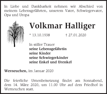 Traueranzeige von Volkmar Halliger von Märkische Oderzeitung