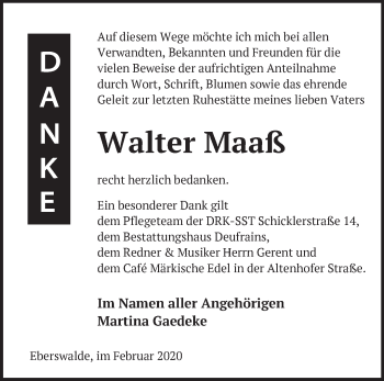 Traueranzeige von Walter Maaß von Märkische Oderzeitung