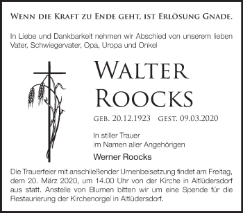 Traueranzeige von Walter Roocks von Märkische Oderzeitung