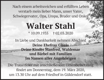 Traueranzeige von Walter Stahl von Märkische Oderzeitung