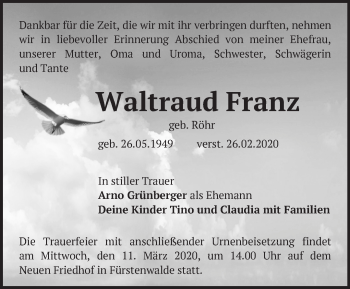 Traueranzeige von Waltraud Franz von Märkische Oderzeitung