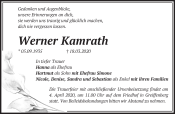 Traueranzeige von Werner Kamrath von Märkische Oderzeitung