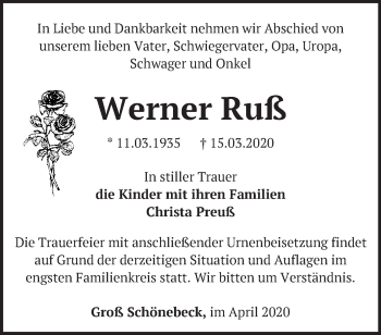 Traueranzeige von Werner Ruß von Märkische Oderzeitung