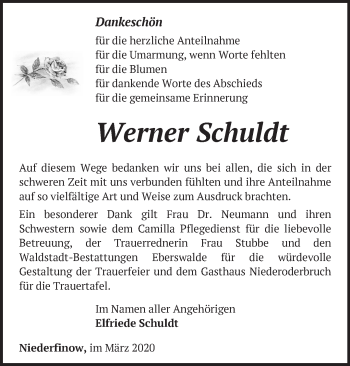 Traueranzeige von Werner Schuldt von Märkische Oderzeitung