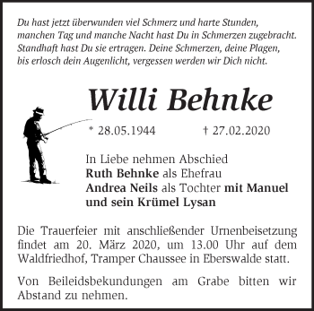 Traueranzeige von Willi Behnke von Märkische Oderzeitung