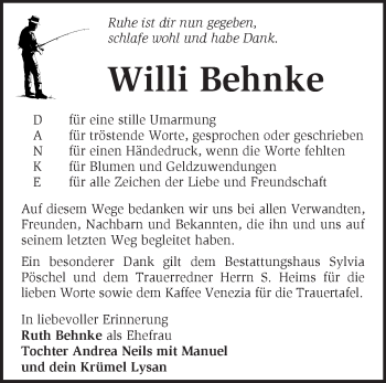 Traueranzeige von Willi Behnke von Märkische Oderzeitung