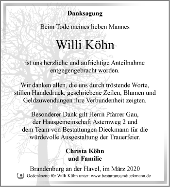 Traueranzeige von Willi Köhn von Märkische Oderzeitung