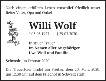 Traueranzeige von Willi Wolf von Märkische Oderzeitung