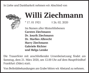 Traueranzeige von Willi Ziechmann von Märkische Oderzeitung