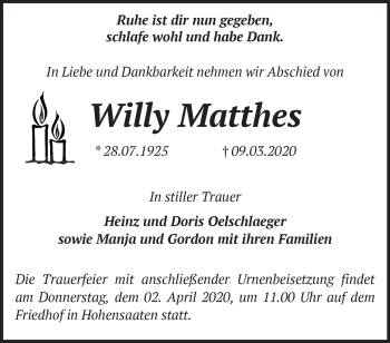 Traueranzeige von Willy Mathhes von Märkische Oderzeitung