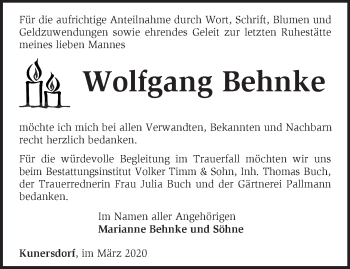 Traueranzeige von Wolfgang Behnke von Märkische Oderzeitung